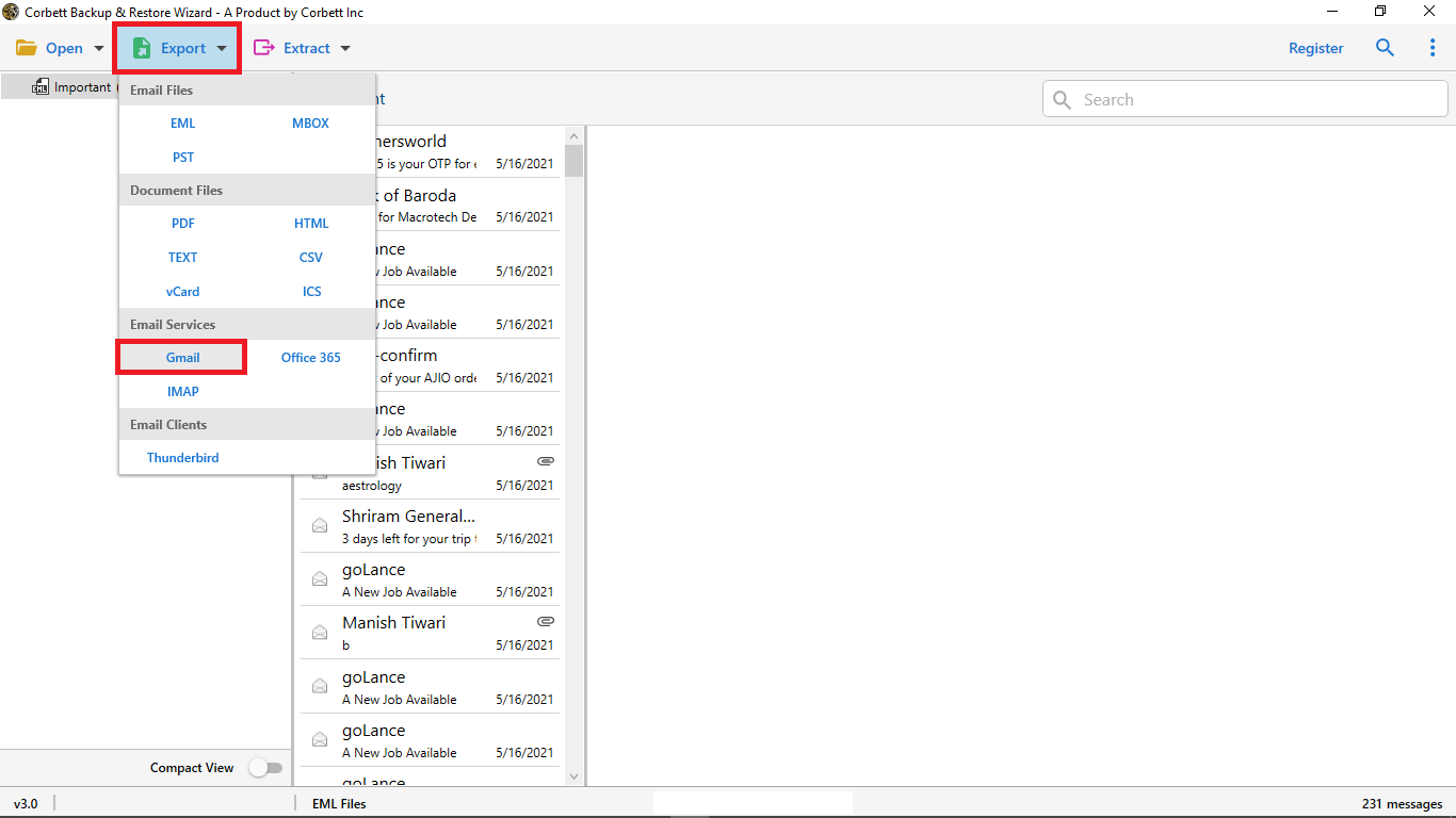 lastly click export and select Gmail from the list