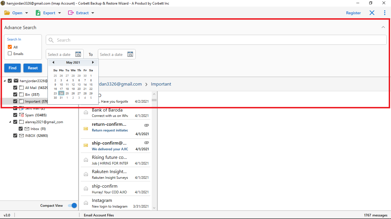 use search settings for selective hostinger to gmail migration