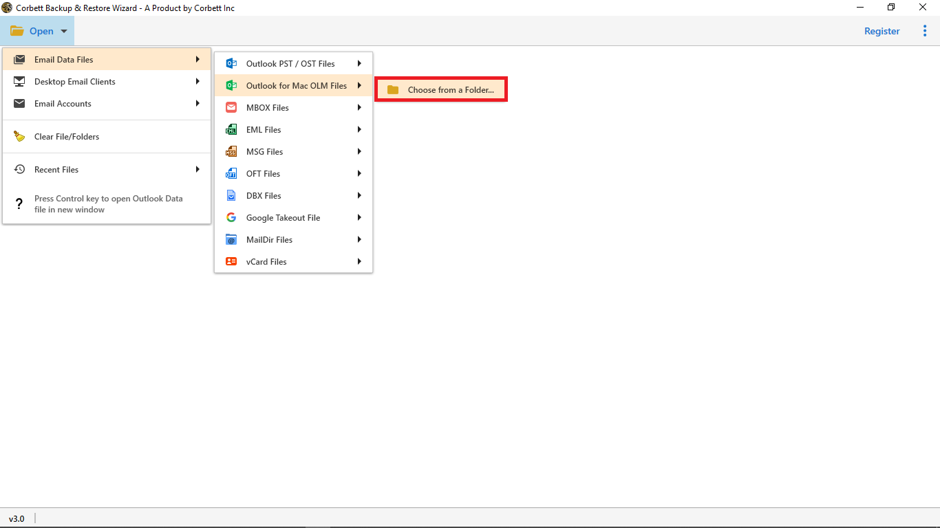 click email data files to upload Mac Outlook files