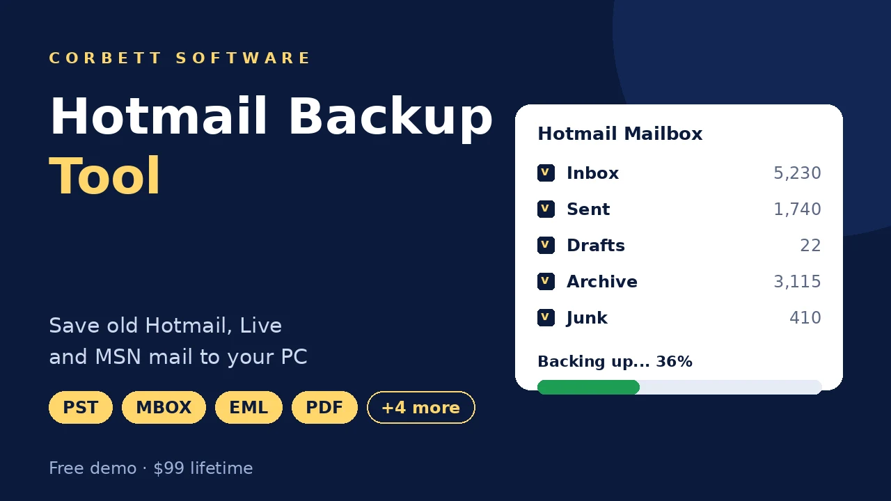 Hotmail backup tool video walkthrough showing folder selection and backup progress
