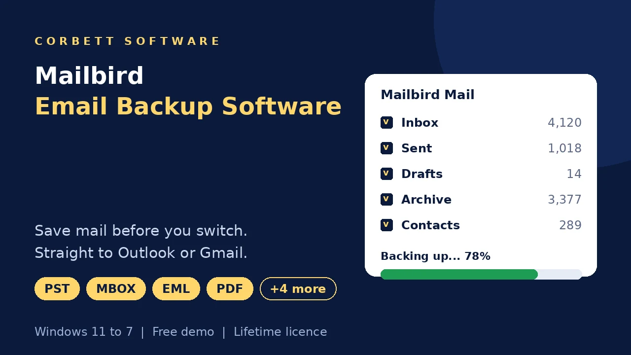 Mailbird backup software video walkthrough showing folder selection and backup progress