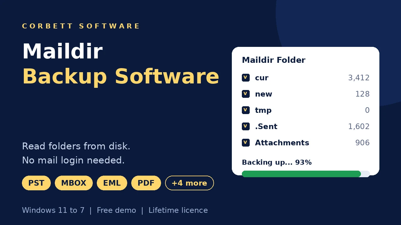 Maildir backup software video walkthrough showing folder selection and backup progress