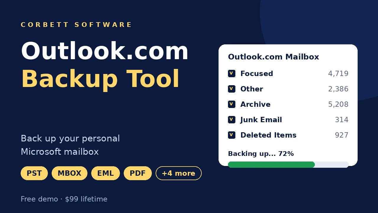 Outlook.com backup tool video walkthrough showing folder selection and backup progress