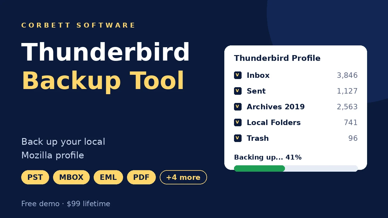 Thunderbird backup tool video walkthrough showing folder selection and backup progress