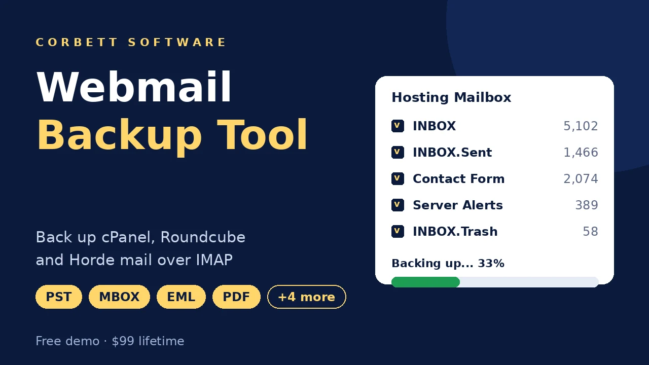 Webmail backup tool video walkthrough showing folder selection and backup progress