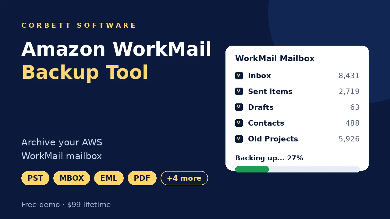 Amazon WorkMail backup tool video walkthrough showing folder selection and backup progress